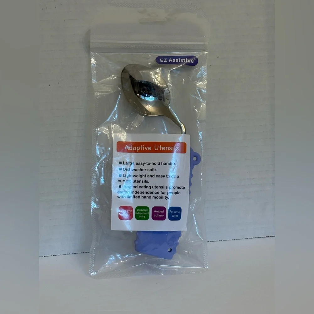 New EZ Assistive Angled Adaptive Utensils Spoon Purple Silver Comfort Grip OS